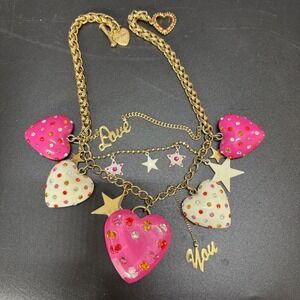 RARE Y2K Betsey Johnson Sweetie Pie Puffy Lucite Heart Necklace Pink Rhinestone